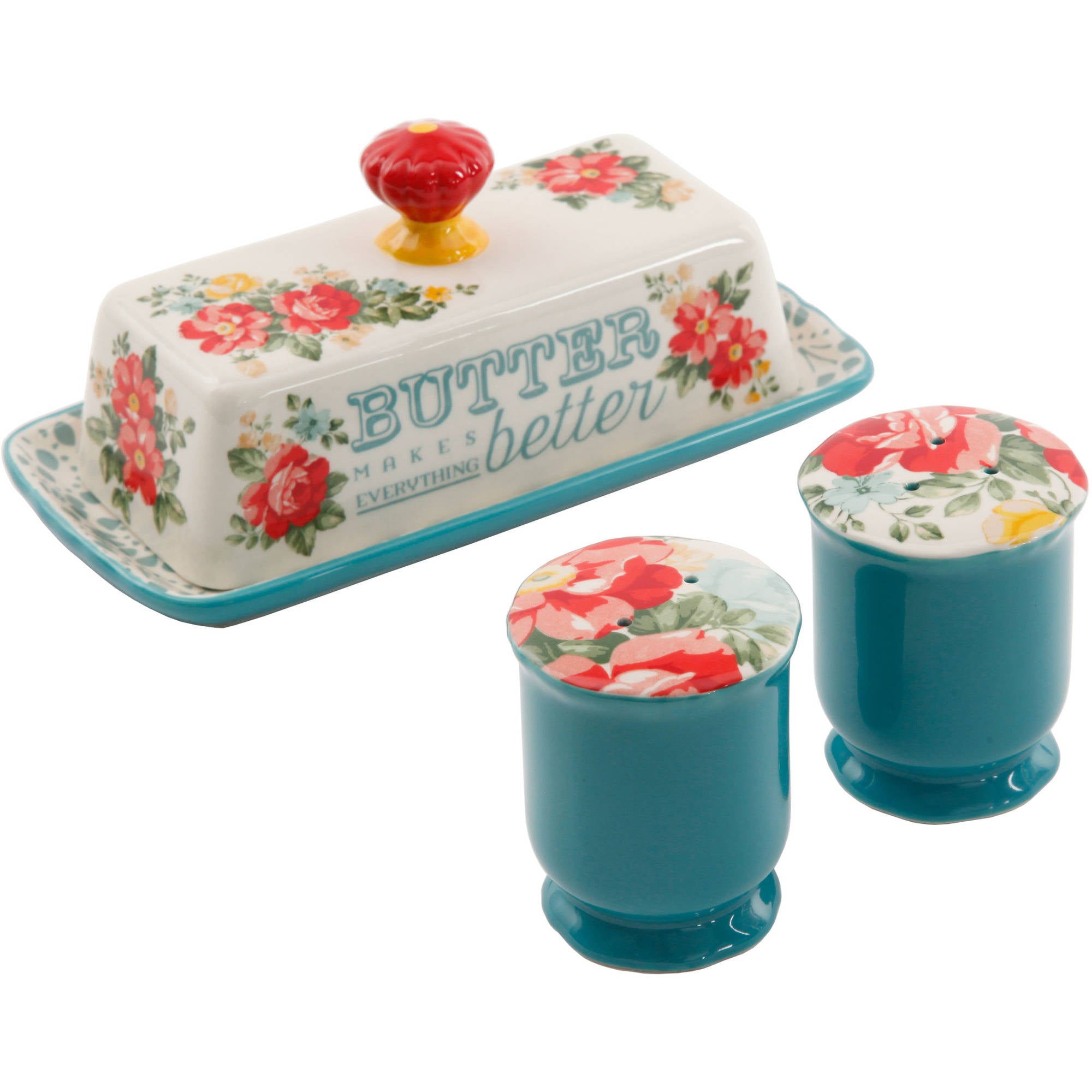 Vintage Floral Salt and Pepper and Butter Dish Set